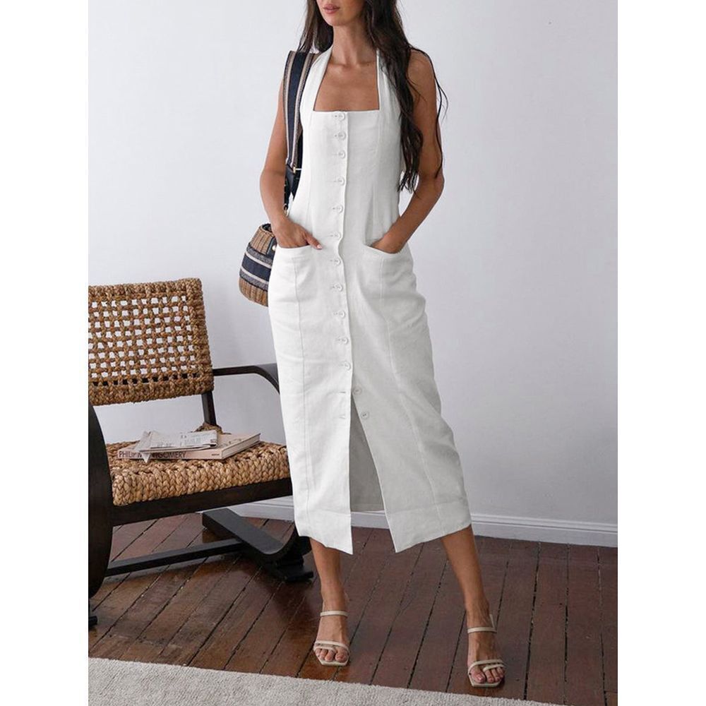 Commense White Button-Front Halter Midi Dress